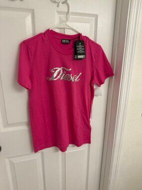 Diesel New Women Pink Crew Neck Metallic Letters Size M